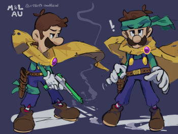 1boy bandana belt blue_overalls brown_hair cape facial_hair gloves green_bandana green_shirt grey_background gun highres holding holding_weapon looking_at_viewer luigi male_focus mario_&amp;_luigi_rpg mario_(series) mustache nintendo overalls shirt shoes short_hair smoke solo weapon white_gloves yamari_(ya_mari_6363) yellow_cape