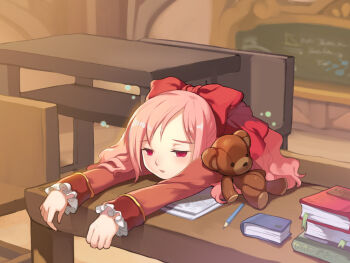 1girl anais_del_caril bench blurry blurry_background book bookmark bow caesty chalkboard classroom commentary dated_commentary english_commentary hair_bow light_blush light_particles long_hair lowered_eyelids nenyaffle nenyaffle_school_uniform nexon official_art open_mouth paper parted_lips pencil pink_hair red_bow red_sleeves school school_uniform sleepy sleeve_cuffs solo stuffed_animal stuffed_toy table tales_weaver teddy_bear wavy_hair