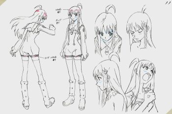 Rule 34 | 1girl, 2000s (style), boots, reference sheet, gainax, greyscale, long hair, monochrome, multiple views, nono (top wo nerae 2!), notes, official art, production art, sadamoto yoshiyuki, top wo nerae! (series), top wo nerae 2!, traditional media