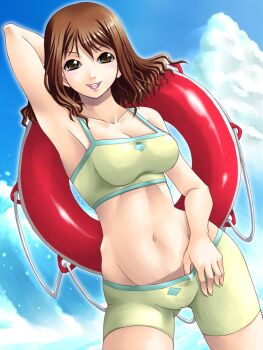 1990s_(style) 1girl arm_behind_head arm_up armpits bare_arms bikini bikini_shorts blue_sky breasts brown_eyes brown_hair cameltoe cissnei cleavage cloud collarbone crisis_core:_final_fantasy_vii facing_viewer female_focus final_fantasy final_fantasy_vii hand_up happy innertube looking_at_viewer matching_hair/eyes medium_breasts medium_hair midriff multicolored_bikini multicolored_bikini_shorts multicolored_bikini_top navel open_mouth outdoors retro_artstyle shorts sky smile solo standing swim_ring swimsuit teeth thumb_in_waistband tongue turks_(ff7) yaso_shigeru