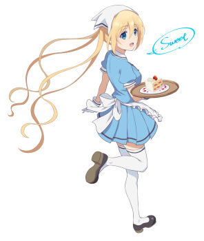 1girl apron blend_s blonde_hair blue_eyes breasts gloves hair_between_eyes headscarf hinata_kaho large_breasts long_hair looking_at_viewer open_mouth shirt short_sleeves smile solo stile_uniform thighhighs twintails ushio_(0632cd-0729jf) very_long_hair waitress white_gloves white_headscarf white_thighhighs