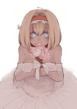 1girl absurdres ahoge alice_margatroid alternate_costume ayang bare_shoulders blonde_hair blue_eyes bouquet bride commentary_request dress facing_viewer flower frilled_hairband frills hairband highres holding holding_bouquet looking_up red_hairband simple_background solo strapless strapless_dress touhou wedding_dress white_background white_dress