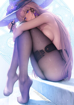 Rule 34 | 1girl, akano murasaki, black gloves, breasts, brown hair, brown pantyhose, closed mouth, commentary request, feet, flower, from side, gloves, hat, hat flower, herta (honkai: star rail), highres, holding, holding key, honkai: star rail, honkai (series), key, knees up, large breasts, legs, long hair, long legs, looking at viewer, looking to the side, no shoes, pantyhose, pantyhose only, purple eyes, purple flower, smile, solo, the herta (honkai: star rail), thighs, toes, witch hat