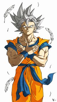 1boy blue_sash blue_shirt character_request dragon_ball dragon_ball_super feathers grey_eyes grey_hair highres jumpsuit kakeru_(dbskakeru) looking_at_viewer orange_jumpsuit sash shirt short_sleeves simple_background solo son_goku spiked_hair toriyama_akira_(style) ultra_instinct upper_body waist_sash white_background