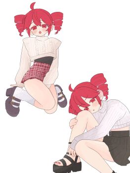 1girl ahoge black_shirt black_skirt blush_stickers drill_hair highres hugging_own_legs kasane_teto kneeling long_sleeves looking_at_viewer multiple_views ofo_j1 open_mouth platform_sandals platform_shoes red_eyes red_hair red_skirt sandals shirt short_hair sidelocks simple_background sitting skirt socks sweater toes twin_drills utau white_background white_socks white_sweater