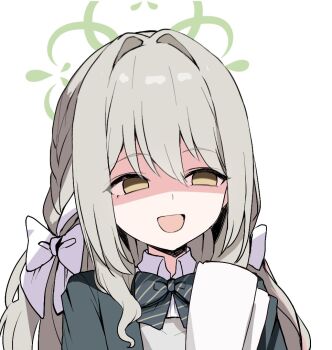 Rule 34 | 1girl, aoto mei, blue archive, bow, bowtie, braid, green halo, grey hair, halo, long hair, looking down, miyo (blue archive), shaded face, shirt, simple background, solo, twin braids, upper body, white background, white shirt