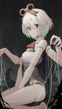 1girl absurdres braid cecilia_immergreen cecilia_immergreen_(1st_costume) colored_inner_hair crack damaged detached_collar doll_joints extra_arms green_eyes green_hair grey_hair highres hololive hololive_english joints kneeling multicolored_hair punished_pigeon puppet_strings side_braid virtual_youtuber winding_key