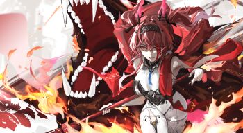 1girl armor blood blood_on_face bodysuit breastplate breasts collar commentary hairband headgear highres holding holding_polearm holding_weapon large_breasts long_hair looking_at_viewer lupa_(wuthering_waves) metal_collar metal_hairband orange_eyes parted_lips pink_hair polearm qwq22565156 smile solo twintails weapon white_bodysuit wrist_guards wuthering_waves