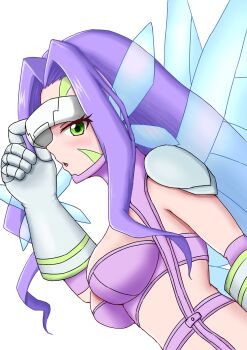 1girl belt bikini blush breasts butterfly_hair_ornament butterfly_wings cleavage commentary_request digimon digimon_(creature) elbow_gloves eyewear_lift facial_mark fairimon gloves green_eyes grey_gloves hair_intakes hair_ornament hairband head-mounted_display highres insect_wings large_breasts long_hair looking_at_viewer parted_bangs parted_lips profile purple_arm_warmers purple_belt purple_bikini purple_hair purple_hairband shoulder_pads simple_background solo strapless strapless_bikini swimsuit upper_body white_background wings withlike
