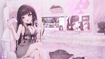 1girl bare_arms bare_shoulders black_bra black_hair bra breasts chair character_request cleavage computer controller game_controller holding holding_controller indie_virtual_youtuber large_breasts livestream long_hair miko_suuuuu monitor multiple_monitors pink_eyes sideboob sitting solo stuffed_toy underwear virtual_youtuber watermark