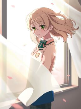 1boy absurdres blazer blonde_hair bloom closed_mouth cowboy_shot crossdressing crossdressing_(mtf) curtains day ensemble_stars! falling_petals floating_curtains from_side green_eyes hand_rest highres indoors jacket kesuna light_blush long_hair looking_at_viewer male_focus official_alternate_costume open_window pants petals pink_petals plaid_clothes plaid_pants school_uniform see-through_curtains shiratori_aira_(ensemble_stars!) shiratori_aira_(ensemble_stars!)_(scramble_private_academy) sidelighting solo split_image split_mouth standing subsurface_scattering sunlight swept_bangs trap turning_head wind window yumenosaki_school_uniform