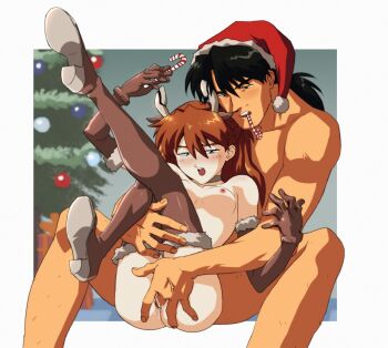 1boy 1girl amondetauro black_hair breasts brown_gloves christmas christmas_tree gloves hetero highres kaji_ryouji neon_genesis_evangelion nipples nude orange_hair small_breasts souryuu_asuka_langley