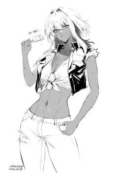 1girl alternate_skin_color breasts cleavage collarbone collared_jacket commentary crop_top cropped_vest dark-skinned_female dark_skin dated denim english_commentary english_text eyewear_hang food from_below galbrena_(wuthering_waves) greyscale highres holding holding_food holding_popsicle hot jacket jeans looking_at_viewer medium_breasts medium_hair mole mole_on_neck monochrome navel open_clothes open_jacket pants parted_lips popsicle rh_og69 shirt short_sleeves signature simple_background solo stomach sunglasses sweat sweatdrop tied_shirt torn_clothes torn_jeans torn_pants twitter_username unworn_eyewear vest white_background white_hair wuthering_waves