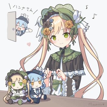 2girls blonde_hair blue_hair bonnet capelet character_doll closed_eyes closed_mouth commentary_request doll door flower frilled_sleeves frills green_bonnet green_capelet green_eyes hair_flower hair_ornament heart highres kk0220 lolita_fashion long_hair long_sleeves mahou_shoujo_no_majo_saiban multiple_girls musical_note open_mouth rose smile solo_focus tachibana_sherry tono_hanna translation_request twintails upper_body yellow_flower yellow_rose