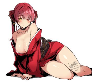 1girl artist_name bare_shoulders batta_16-sei black_choker blush breasts choker cleavage closed_mouth collarbone commentary_request highres hololive houshou_marine japanese_clothes kimono large_breasts looking_at_viewer medium_hair obi red_eyes red_hair red_kimono sash simple_background smile solo thighs twintails virtual_youtuber white_background yellow_eyes