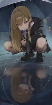 1girl absurdres black_jacket black_necktie black_shoes black_skirt blonde_hair blue_eyes blurry blurry_background commentary_request crossed_bangs dress_shirt full_body gmirror1 hair_between_eyes highres holding holding_umbrella jacket lollipop_in_mouth mask medium_hair mouth_mask necktie original pink_nails pleated_skirt puddle rain reflection reflective_liquid shirt shoes skirt solo squatting umbrella water white_shirt