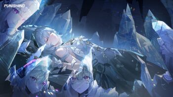 Rule 34 | 1girl, absurdres, blue theme, bow, closed eyes, dress, earpiece, expressionless, flower, frilled wrist cuffs, frills, hair between eyes, hair over shoulder, hand up, headpiece, highres, ice, ice shard, liv: eclipse (pgr), liv: empyrea (pgr), liv: limpidity (pgr), liv: lux (pgr), liv (pgr), long hair, looking at viewer, lying, multiple persona, official art, official wallpaper, on back, pink eyes, punishing: gray raven, sidelocks, smile, white bow, white dress, white flower, white hair, white wrist cuffs, wrist cuffs