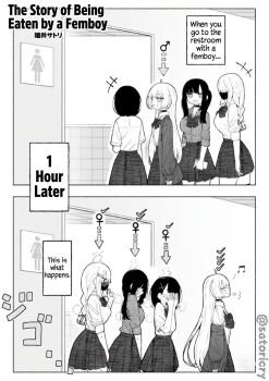 Rule 34 | 1boy, 3girls, aftersex, artist name, bathroom, black hair, black mask, blush, checkmark, crossdressing, crossdressing (mtf), english text, hetero, implied after sex, jirai kei, mars symbol, monochrome, multiple girls, musical note, original, sakura yuu (hzjy8485), school uniform, skirt, smug, tagme, translated, trap, trap on female, venus symbol