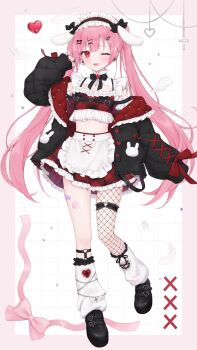 1girl amatsuka_eru amatsuka_eru_(1st_costume) animal_ear_hairband animal_ears apron arm_cuffs bandaid_on_thigh belt black_belt black_jacket black_shoes border bow brooch buckle crop_top fake_animal_ears frilled_apron frilled_hairband frilled_skirt frills full_body grid_background hair_bow hair_ornament hairband hairclip heart heart-shaped_buckle heart_brooch highres indie_virtual_youtuber jacket jewelry leg_warmers long_hair midriff miniskirt nail_polish official_art one_eye_closed parallel_hairclips pink_hair plaid_clothes plaid_skirt platform_shoes rabbit_ear_hairband rabbit_ears red_eyes ribbon shano_hiyori shoes single_fishnet_legwear skirt smile solo thigh_strap twintails two-sided_fabric two-sided_jacket virtual_youtuber waist_apron white_apron white_leg_warmers x_(symbol) x_hair_ornament