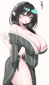 1girl absurdres aqua_eyes areola_slip arm_under_breasts artist_name bare_shoulders black_hair blunt_bangs blush breasts bright_pupils brown_background cleavage clothes_lift collarbone commentary_request cowboy_shot fang fingernails floral_print from_side grey_kimono hair_over_shoulder hands_up heavy_breathing highres huge_breasts japanese_clothes kimono kimono_lift korean_commentary lifting_own_clothes long_hair long_sleeves looking_at_viewer looking_to_the_side mute_(trickcal) off_shoulder parted_lips pointy_ears print_kimono signature simple_background smile solo standing striped_clothes striped_kimono sweat trickcal vertical-striped_clothes vertical-striped_kimono white_pupils wide_sleeves yakyak yukata