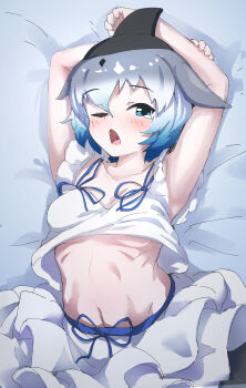 Rule 34 | 1girl, absurdres, arms up, blue eyes, blue hair, blush, cetacean tail, commentary request, common bottlenose dolphin (kemono friends), dolphin girl, fins, fish tail, grey hair, head fins, highres, kemono friends, looking at viewer, lowlandgorilla, multicolored hair, navel, on bed, one eye closed, ribbon, shirt, short hair, skirt, solo, tail, two-tone hair