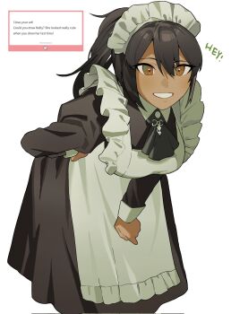 Rule 34 | 1girl, apron, ascot, black ascot, black dress, brown hair, dark-skinned female, dark skin, dress, frilled apron, frills, high ponytail, highres, juliet sleeves, leaning forward, limbus company, long hair, long sleeves, looking at viewer, maid, maid apron, maid headdress, marshmallow (site), nelly (project moon), ponytail, project moon, puffy sleeves, request inset, sidelocks, solo, white apron, yongsadragon