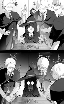 Rule 34 | 1girl, 3boys, absurdres, bent spoon, braid, breasts, clover dot (clov erd), desk, glasses, hat, highres, laughing, long hair, magic, monochrome, multiple boys, no eyes, open mouth, original, pain, round eyewear, school desk, school uniform, sitting, small breasts, spoon, standing, twin braids, witch, witch hat