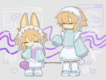 1girl animal_ears apron blonde_hair blue_shorts chibi closed_eyes closed_mouth commentary_request cursor folder hair_flaps hair_ornament half-closed_eyes hand_up heart holding holding_syringe hugging_object jacket jersey_maid maid maid_headdress multiple_views no_mouth no_sclera oversized_object regurusu_(nagarevosi) ribbon shoes shorts sleeves_past_fingers sleeves_past_wrists sneakers socks standing syringe track_jacket twitter_username unconventional_maid unusually_open_eyes urotsuki waist_apron white_apron white_ribbon white_socks window_(computing) yume_2kki