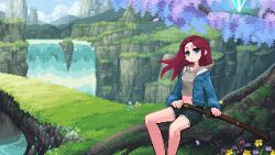 1girl animated black_shorts blue_eyes blue_jacket breasts bug butterfly flower grass grey_hoodie hood hood_down hoodie insect jacket katana long_hair looking_at_viewer looping_animation midriff nature open_clothes open_jacket original outdoors petals pixel_art red_hair shibairo shorts sitting slashing smile solo sword tagme tree video water waterfall weapon wind