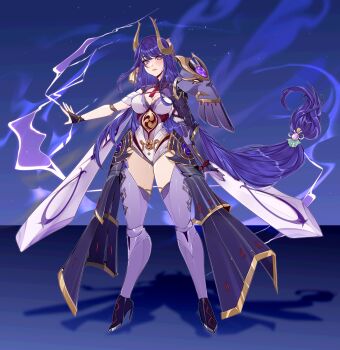 Rule 34 | 1girl, absurdres, alternate costume, armor, blunt bangs, blush, breasts, cleavage, closed mouth, commentary, commission, electricity, english commentary, fake horns, full body, genshin impact, headpiece, highres, horns, japanese armor, joints, long hair, medium breasts, mitsudomoe (shape), official alternate costume, pink lips, purple background, purple eyes, purple hair, raiden shogun, raiden shogun (magatsu mitake narukami no mikoto), rebthgin, robot joints, shadow, solo, standing, thick thighs, thighs, tomoe (symbol)