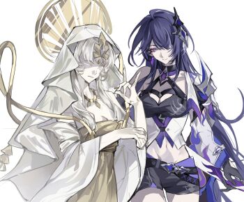 Rule 34 | 2girls, absurdres, acheron (honkai: star rail), armor, bare shoulders, black shorts, breasts, chinese commentary, cleavage, closed eyes, closed mouth, collarbone, cookie run, cookie run: kingdom, crop top, crossover, dress, eyeliner, fox shadow puppet, hair ornament, hand up, head tilt, highres, honkai: star rail, honkai (series), japanese clothes, jun0376470, large breasts, looking at viewer, makeup, multicolored hair, multiple girls, mystic flour cookie, navel, purple eyes, purple hair, red eyeliner, shade, shaded face, shorts, shoulder armor, simple background, standing, stomach, streaked hair, toned, toned female, upper body, veil, white background, white hair, white veil, yellow dress