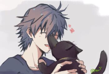 Rule 34 | 1boy, animal, black cat, cat, grey background, grey hair, grey shirt, highres, holding, holding animal, light blush, male focus, nagisa kaworu, neon genesis evangelion, open mouth, shirt, signature, smile, solo, yorumi1117