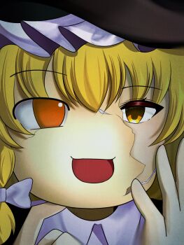 Rule 34 | 1girl, blonde hair, close-up, commentary request, cracked kawaii mask, film grain, hair between eyes, hat, highres, jyugem, kirisame marisa, looking at viewer, no nose, no pupils, open mouth, orange eyes, solo, touhou, yellow eyes, yukkuri shiteitte ne