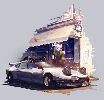 Rule 34 | 1girl, absurdres, alternate costume, animal ear fluff, animal ears, black skirt, blue archive, blue eyes, blue halo, blue scarf, brown shirt, car, chinese commentary, commentary request, cross hair ornament, cup, disposable coffee cup, disposable cup, green jacket, grey hair, hair ornament, halo, hand in pocket, highres, holding, holding cup, jacket, long hair, looking to the side, motor vehicle, open clothes, open jacket, outdoors, scarf, shiroko (blue archive), shirt, shop, skirt, solo, taru kira, wolf ears, wolf girl