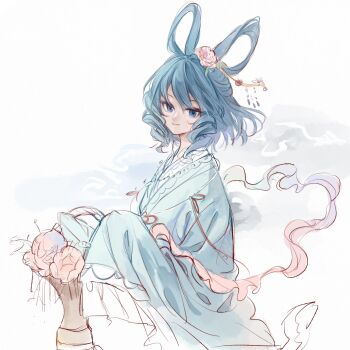 Rule 34 | 1girl, 80isiiii, alternate costume, blue eyes, blue hair, blue kimono, closed mouth, commentary request, drill hair, drill sidelocks, flower, hair flower, hair ornament, hair rings, highres, japanese clothes, kaku seiga, kimono, long sleeves, looking at viewer, pink flower, sidelocks, sketch, smile, solo, touhou, upper body, wide sleeves