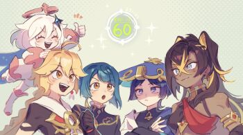 2girls 3boys aether_(genshin_impact) ahoge black_gloves blonde_hair blue_hair braid clenched_hand criss-cross_halter crossed_arms crossed_bangs dark-skinned_female dark_skin dated dehya_(genshin_impact) dress earrings gameplay_mechanics genshin_impact gloves hair_between_eyes hair_ears hair_ornament halterneck highres japanese_clothes jewelry long_hair multicolored_hair multiple_boys multiple_girls open_mouth paimon_(genshin_impact) purple_hair scaramouche_(genshin_impact) simple_background single_braid tassel tassel_earrings thumbs_up ukata wanderer_(genshin_impact) white_dress white_hair xingqiu_(genshin_impact)