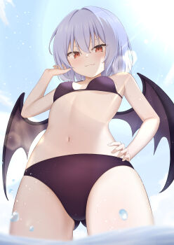>:) 1girl absurdres alternate_costume backlighting bat_wings bikini black_bikini blue_hair blue_sky blush breasts closed_mouth commentary_request cowboy_shot day eyelashes fang foreshortening from_below gluteal_fold hair_between_eyes hair_intakes hand_on_own_hip hand_up highres looking_at_viewer looking_down medium_hair navel outdoors paid_reward_available red_eyes remilia_scarlet sky slit_pupils small_breasts smile smug solo stomach straight_hair sunlight swimsuit szl touhou tsurime underboob v-shaped_eyebrows wading water_drop wet wings