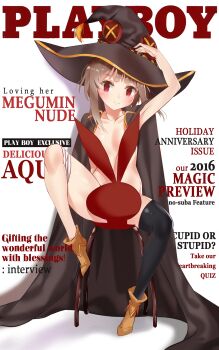 1girl absurdres arm_up armpits bad_id bad_pixiv_id black_thighhighs blush brown_hair cape chair commentary_request convenient_censoring female_focus hat highres kono_subarashii_sekai_ni_shukufuku_wo! leg_up looking_at_viewer megumin melang_b naked_cape nude parody playboy red_eyes short_hair single_thighhigh sitting solo spread_legs thighhighs witch_hat
