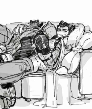 2boys abs back bara belt between_pecs between_pectorals bodysuit couch couple deadpool deadpool_&amp;_wolverine deadpool_(series) dishing facial_hair gloves hand_on_another&#039;s_back head_between_pecs kneeling large_pectorals male_focus marvel mask mature_male monochrome multicolored_bodysuit multiple_boys muscular muscular_male on_couch open_mouth pants pectorals pillow short_hair superhero_costume sweatdrop two-tone_bodysuit wolverine_(x-men) x-men yaoi