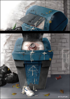 1girl absurdres beer_can blue_archive bmob_mota can cum cum_in_pussy cum_plugged cumdrip cumdump drink_can female_focus from_behind highres human_toilet miyu_(blue_archive) object_insertion outdoors pussy recycle_bin shoe_print shoes solo tally torn_clothes trash_can vaginal vaginal_object_insertion