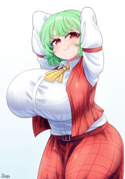 Rule 34 | 1girl, armband, arms behind head, ascot, averting eyes, belt, blue background, breast focus, breasts, closed mouth, commentary, english commentary, gradient background, green hair, highres, huge breasts, kazami yuuka, light blush, long sleeves, open clothes, open vest, plaid clothes, plaid skirt, plaid vest, puffy long sleeves, puffy sleeves, red armband, red belt, red eyes, red skirt, red vest, rion (user ufvg8527), shirt, short hair, signature, simple background, skirt, smile, smirk, solo, swept bangs, touhou, upper body, v-shaped eyebrows, vest, white background, white shirt, yellow ascot
