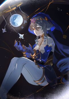 1girl black_background blue_gloves blue_hair blue_hood commentary dress drill_hair drill_sidelocks elf feet_out_of_frame genshin_impact gloves gold_choker hair_between_eyes hair_ribbon hands_up highres knees_up layla_(genshin_impact) long_hair open_mouth orb pantyhose pointy_ears ribbon s_179000 sidelocks solo twitter_username untranslatable_commentary very_long_hair white_pantyhose yellow_eyes