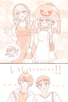 Rule 34 | > o, ..., 2boys, 3girls, :3, absurdres, alternate costume, alternate hairstyle, bag, blowing kiss, blush, blush stickers, bracelet, braid, collarbone, commentary request, dress, english text, hair ornament, hairband, hairclip, hat, heart, highres, holding, holding bag, hood, hood down, hooded jacket, jacket, jewelry, kirifuji nozomi, long hair, long sleeves, maruko gaku, mixed-language text, mojiro moko, mole, mole under eye, monochrome, multiple boys, multiple girls, one eye closed, oosuzuki kurara, open mouth, orange theme, pinafore dress, plaid clothes, plaid dress, removing mask, short hair, short sleeves, shoulder bag, sleeveless, sleeveless dress, smile, sparkle, sumino takumi, sweat, swtr hndr, the hundred line -last defense academy-, translation request, twin braids, v-neck, v-shaped eyebrows