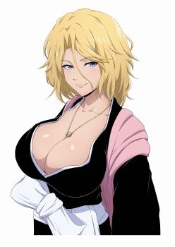 Rule 34 | 1girl, bleach, bleach: sennen kessen-hen, blonde hair, blue eyes, breasts, brown hair, female pervert, highres, japanese clothes, kimono, large breasts, matsumoto rangiku, mature female, medium hair, orange hair, pervert, presenting, sexually suggestive, short hair, sino24tsuki, smile, solo, solo focus, white background
