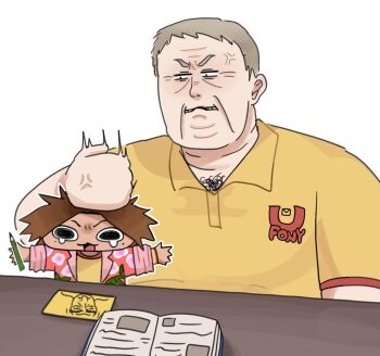 2boys anger_vein angry black_eyes bonk book brown_hair chest_hair chest_hair_peek chibi clenched_hand daisuke_(mouthwashing) grey_hair hitting male_focus mouthwashing multiple_boys note old old_man open_book pencil pink_shirt shirt short_sleeves swansea_(mouthwashing) tearing_up white_background wquig4 yellow_shirt