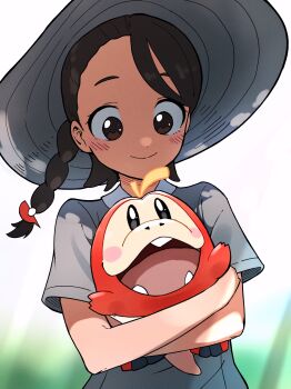 1girl absurdres black_hair blush braid brown_eyes closed_mouth collared_shirt commentary_request eyelashes fuecoco grey_headwear grey_shirt hanten_(hantennano) hat highres holding holding_pokemon juliana_(pokemon) long_hair looking_down nintendo pokemon pokemon_(creature) pokemon_sv shirt shorts single_braid smile split_mouth white_background
