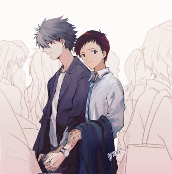 Rule 34 | 2boys, black hair, blue eyes, blue necktie, closed mouth, collared shirt, corrupted twitter file, couple, diagonal-striped clothes, diagonal-striped necktie, dss choker, grey hair, hashtag-only commentary, highres, holding, holding hands, holding unworn clothes, holding unworn jacket, ikari shinji, jacket, male focus, multiple boys, nagisa kaworu, necktie, neon genesis evangelion, people, rebuild of evangelion, red eyes, shirt, short hair, simple background, smile, striped clothes, undershirt, unworn jacket, watch, white background, white shirt, wristwatch, yaoi, yorumi1117