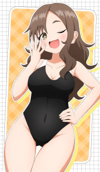 1girl absurdres black_one-piece_swimsuit breasts brown_eyes brown_hair cleavage collarbone competition_swimsuit covered_navel groin hand_on_own_hip hashtag-only_commentary highres ishigakiseiya long_hair looking_at_viewer maki_(soredemo_ayumu_wa_yosetekuru) one-piece_swimsuit one_eye_closed open_mouth solo soredemo_ayumu_wa_yosetekuru swimsuit