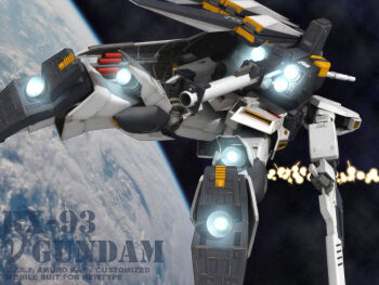 3d battle bazooka_(gundam) beam_rifle char&#039;s_counterattack character_name commentary_request earth_(planet) energy_gun english_text explosion gundam in_orbit machinery mecha mecha_focus no_humans nu_gundam photo_background planet realistic robot science_fiction space thrusters tomholy vernier_thrusters weapon zero_gravity