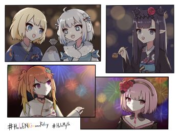 +_+ 5girls :d aerial_fireworks animal_print bag bagged_fish bare_shoulders black_kimono blonde_hair bloop_(gawr_gura) blue_eyes blue_hair blue_kimono breasts cleavage closed_mouth commentary english_commentary fireworks fish fish_print floral_print fong_(fongthe0125) food gawr_gura gawr_gura_(new_year) goldfish_print gradient_hair grey_eyes grey_hair hashtag highres holding hololive hololive_english holomyth japanese_clothes kimono medium_breasts mori_calliope mori_calliope_(new_year) multicolored_hair multiple_girls night night_sky ninomae_ina&#039;nis ninomae_ina&#039;nis_(new_year) obi off_shoulder open_mouth orange_hair pink_hair plastic_bag print_kimono purple_hair red_eyes sash sharp_teeth short_hair sky smile streaked_hair takanashi_kiara takanashi_kiara_(new_year) takoyaki teeth virtual_youtuber water watson_amelia watson_amelia_(new_year) white_kimono